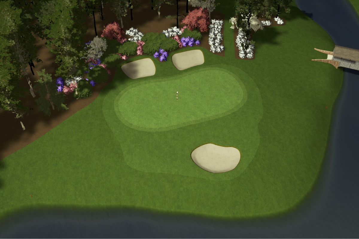 The Masters golf telecast on a simulator screen showing professional ball flight data and shot tracking for Augusta National simulation
