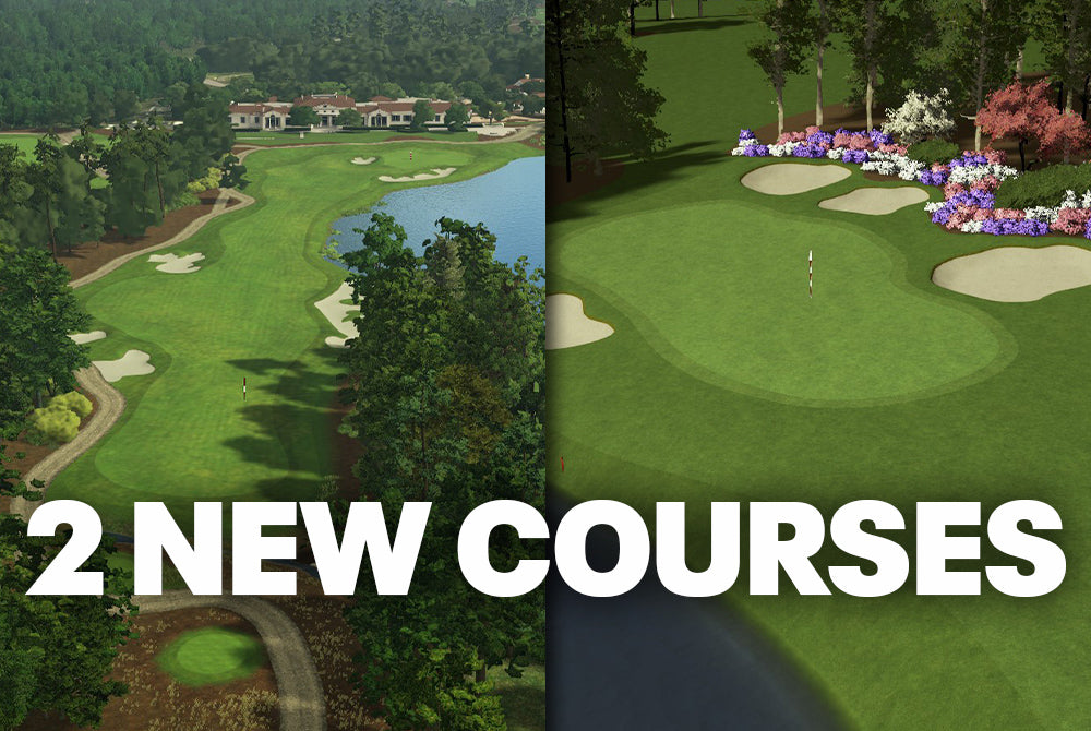 SKYTRAK ST MAX simulator screen showing a 3D course preview of The Concession golf club during the April course update