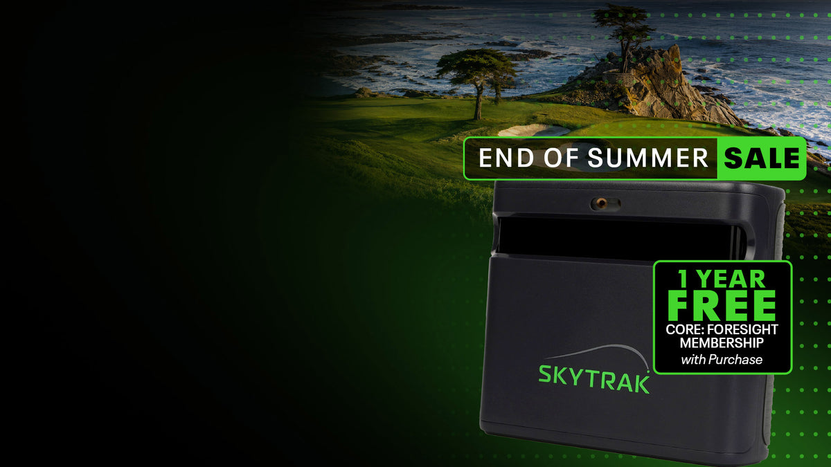 A black Skytrak golf flag holder with green logo branding, shown against a dark background with a coastal golf course scene and promotional text reading 'END OF SUMMER SALE' and '1 YEAR FREE CORE FORESIGHT MEMBERSHIP with Purchase'.