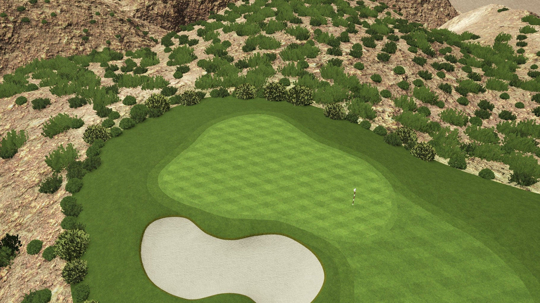 Golf course layout with green, sand trap, and trees on a computer screen