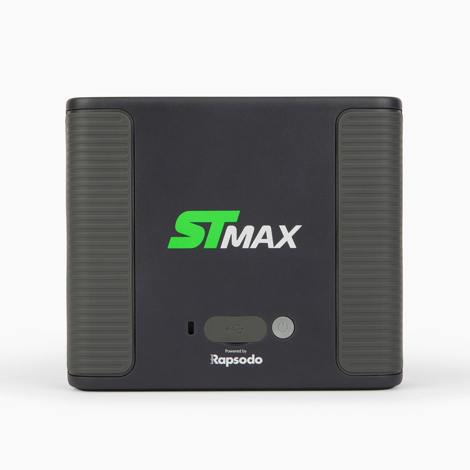 Charcoal grey ST MAX launch monitor backside view of logo and dual ports against white background.