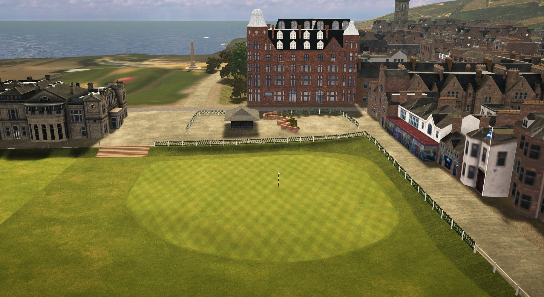 3D-rendered town with a cricket field and ocean view