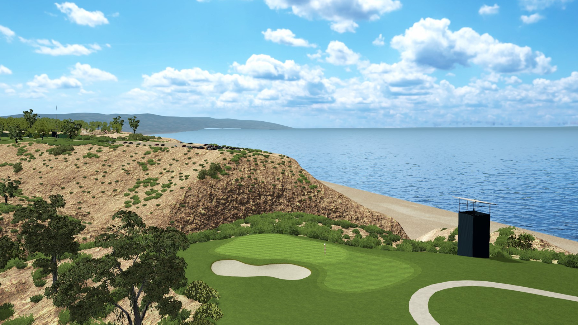 Golf course with a scenic view of water and sky