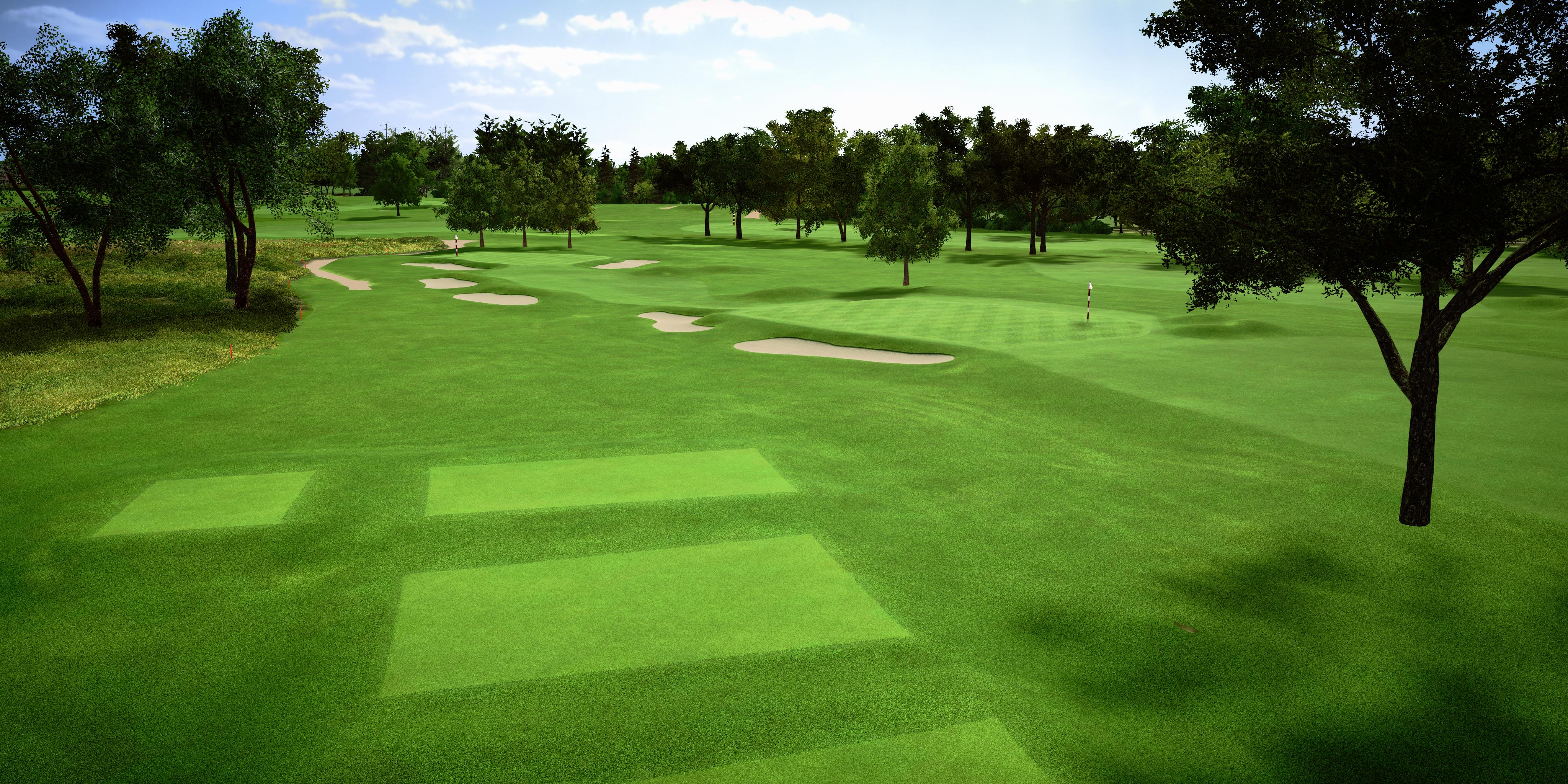 Golf course with green grass, trees, and sand bunkers under a clear sky.