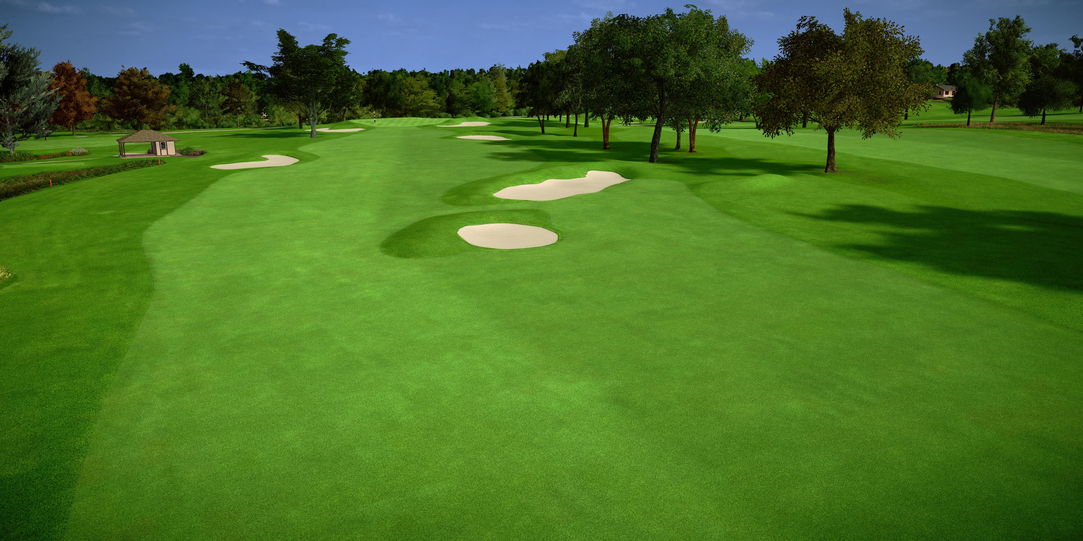 Golf course with green grass, sand bunkers, and trees under a clear blue sky.