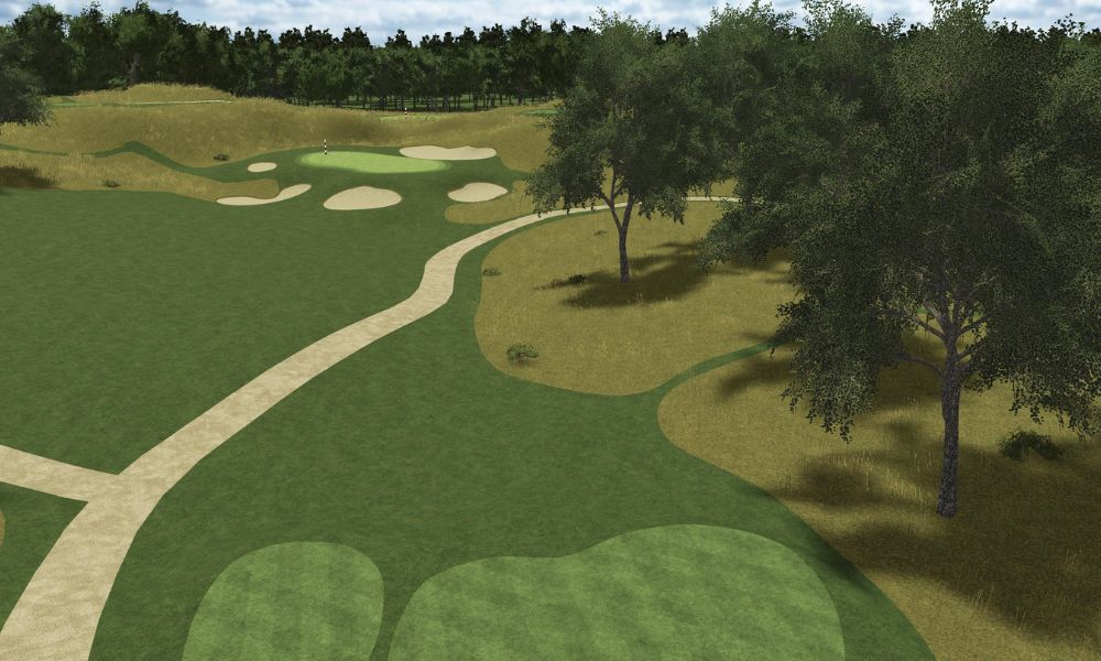Golf course layout with greens, bunkers, and trees