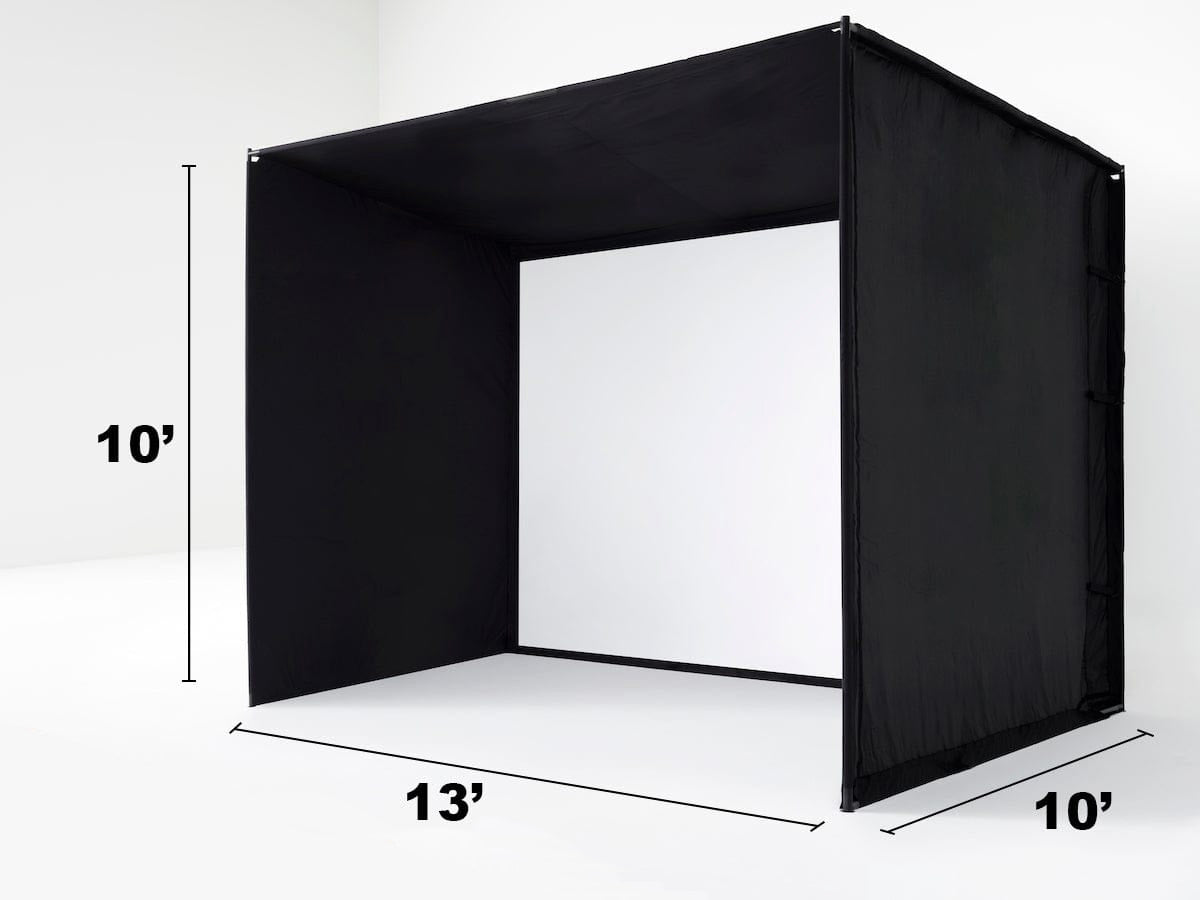 Product schematic of the premium SKYTRAK 13-foot deep indoor golf simulator studio enclosure, featuring heavy-duty black light-blocking fabric panels and an integrated high-impact screen with a 10-foot height dimension marker indicated on a clean white background.