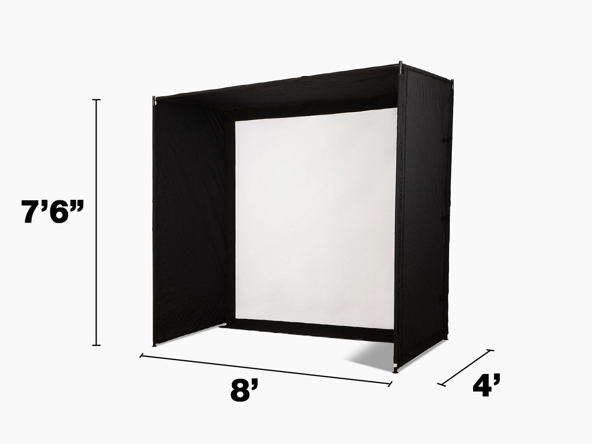 Dimensional schematic of the compact SKYTRAK home golf simulator studio enclosure, showcasing the heavy-duty black fabric framing canopy and white impact screen with a 7-foot-6-inch vertical height clearance marker indicated on a plain white background.