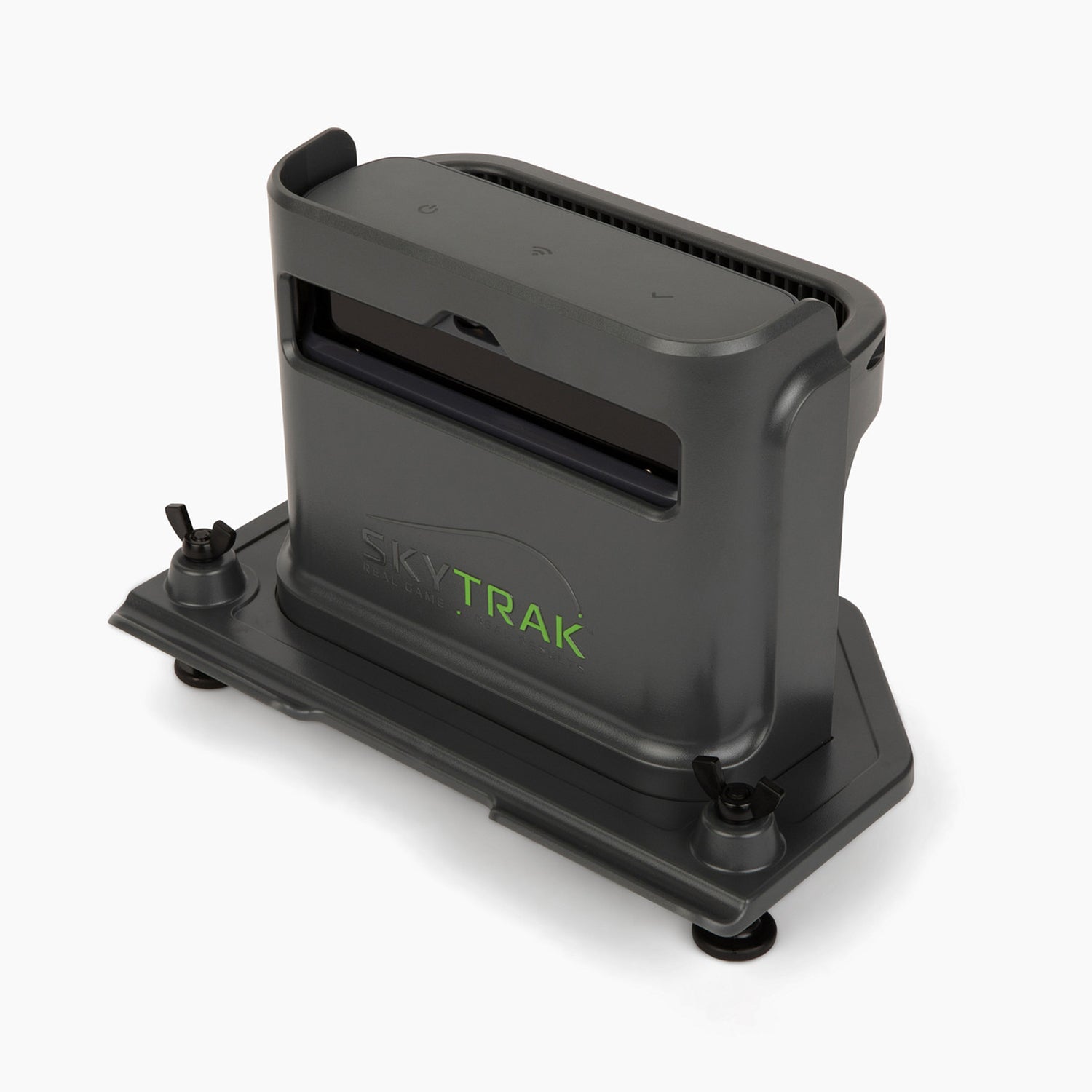 Low-angle studio shot of the official SKYTRAK ST-MAX protective metal shield case in black, displaying the green engraved branding logo, integrated floor leveling base plate with wing nut alignment screws, isolated on a white background.