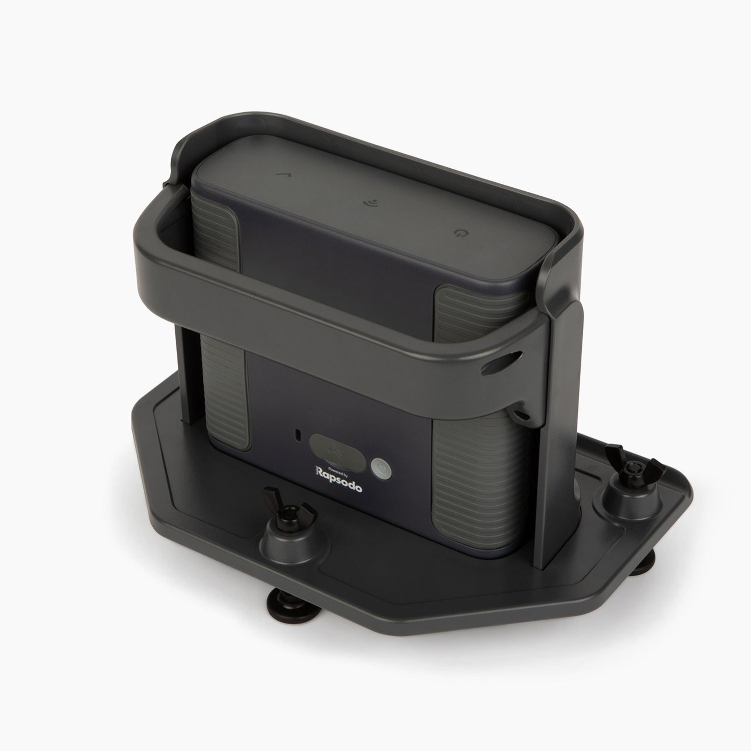High-angle closeup of the official heavy-duty black metal protective shield case enclosing a SKYTRAK ST-MAX golf launch monitor, displaying the top interface buttons and textured side panels, isolated on a white background for simulator floor protection.