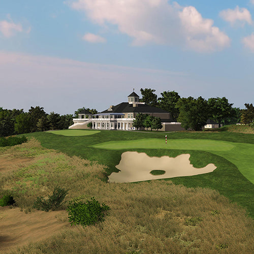Golf course with a clubhouse and sand bunker under a blue sky.