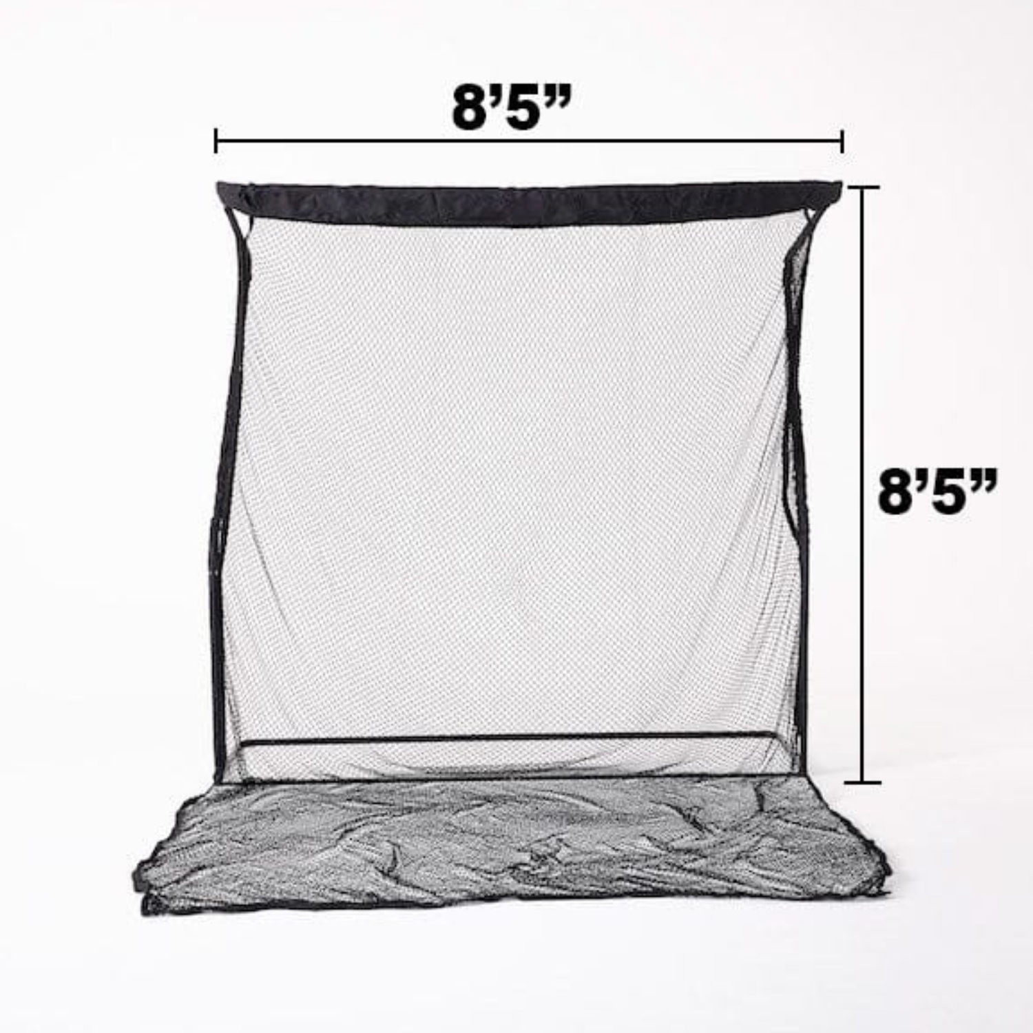Black golf hitting net setup diagram showing square dimensional specifications of 8 feet 5 inches wide by 8 feet 5 inches high on a clean white background.