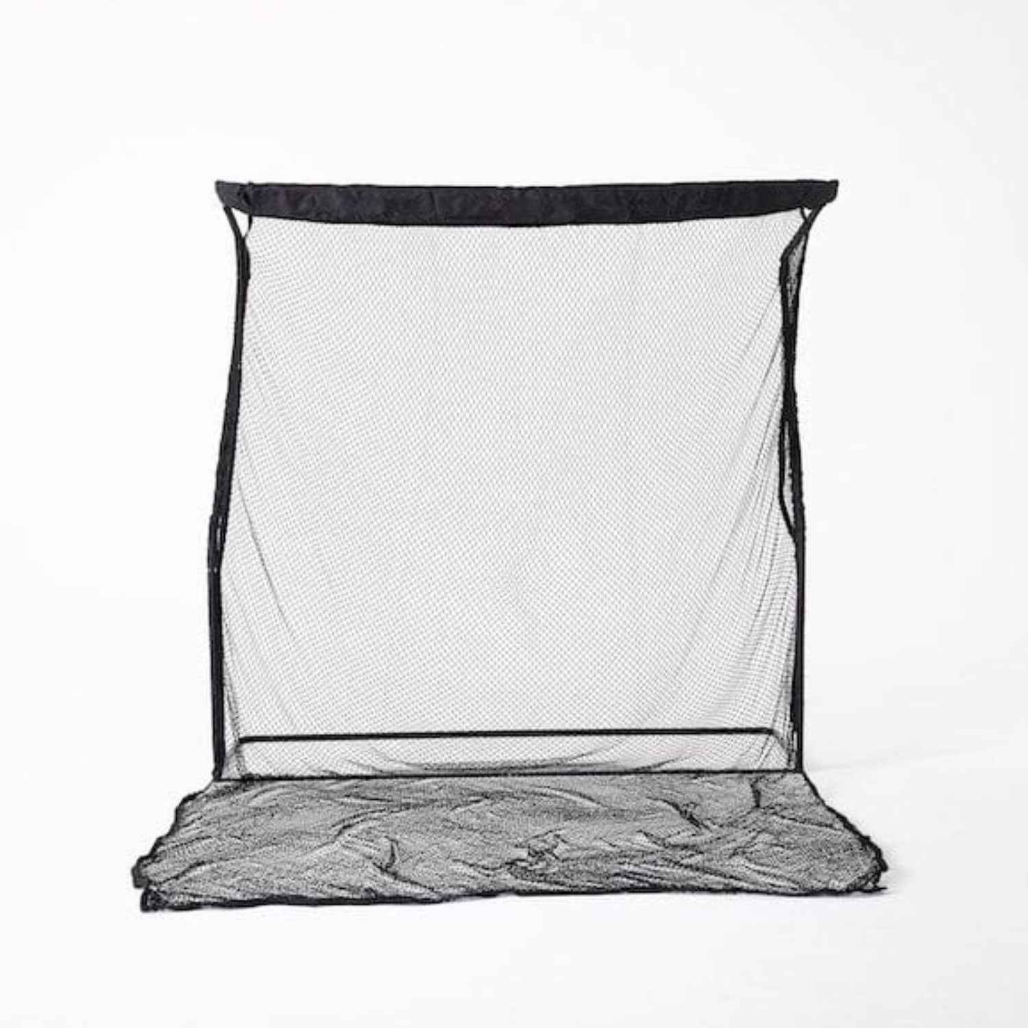 Black mesh golf hitting net with an integrated floor catch basin mat, isolated on a clean white background for home simulator studio setups.