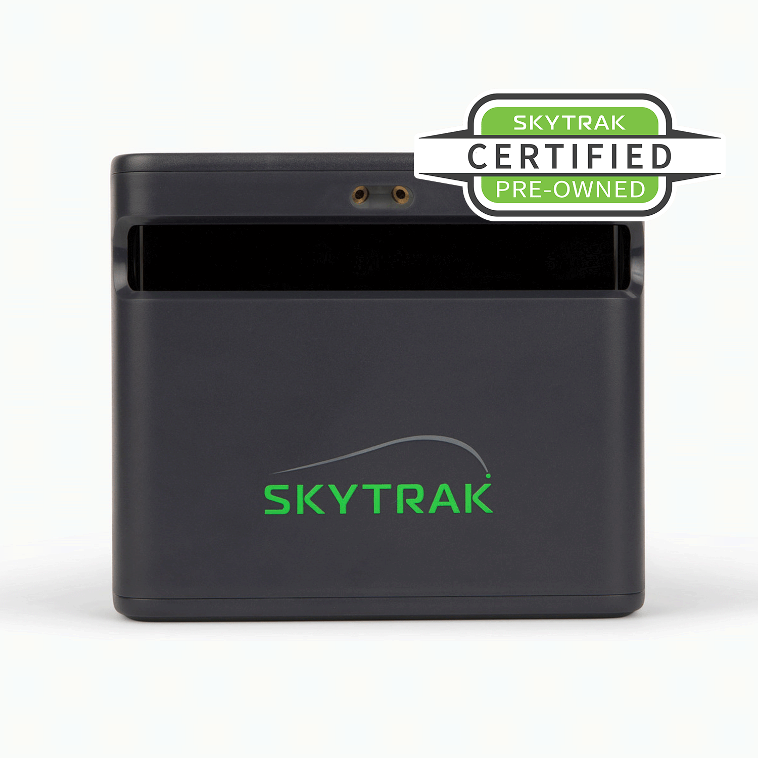 SKYTRAK Certified Pre-Owned launch monitor hardware unit featuring official green logo branding and certified pre-owned badge inspection seal.