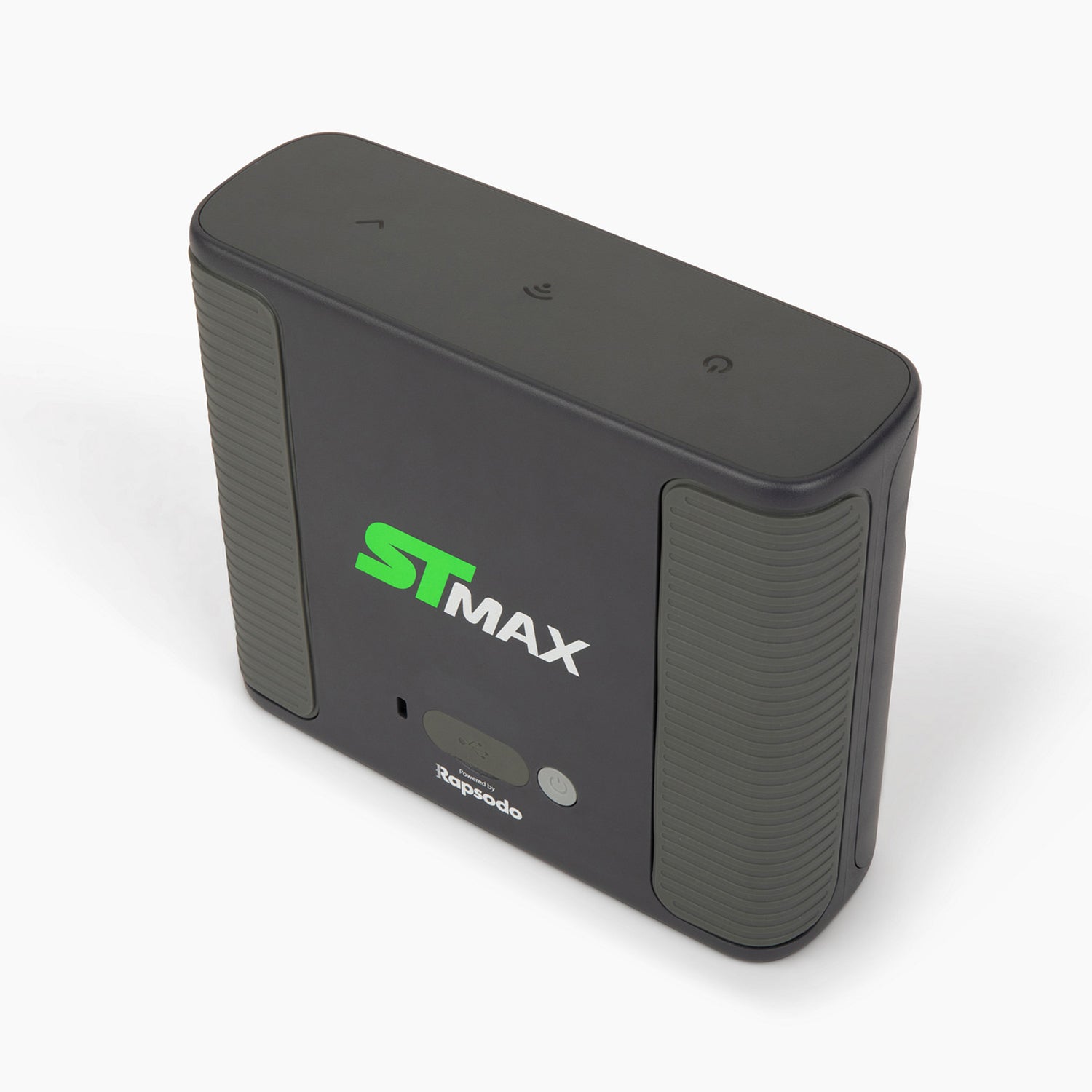 SkyTrak ST-MAX launch monitor hardware shown in an isometric view, highlighting the top-surface backlit status lights, front ST-MAX branding, and textured side grip panels.