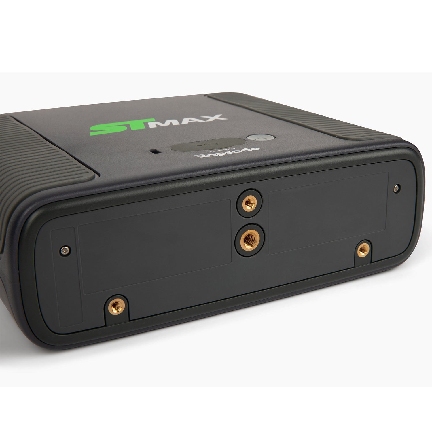 SkyTrak ST-MAX launch monitor hardware showing a detailed close-up of the dual threaded tripod mounting inserts and alignment base structure.